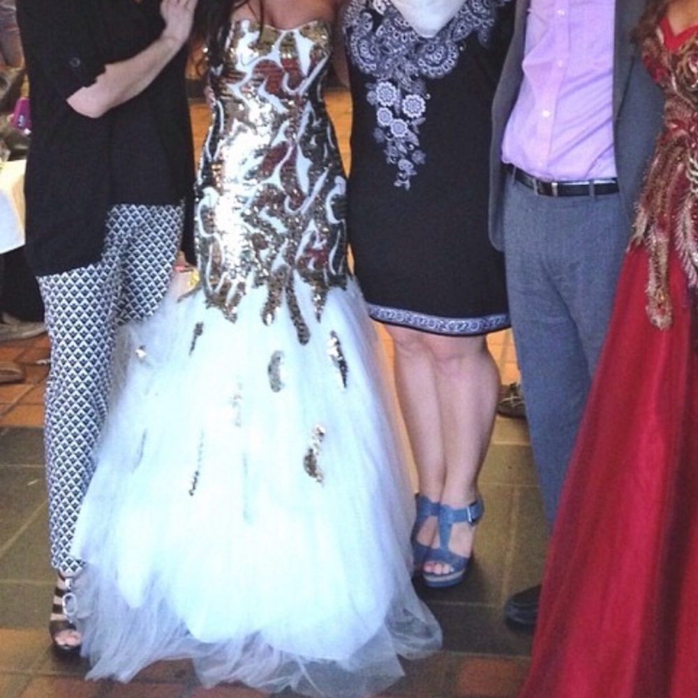 White and Gold Mermaid Style Prom Dress